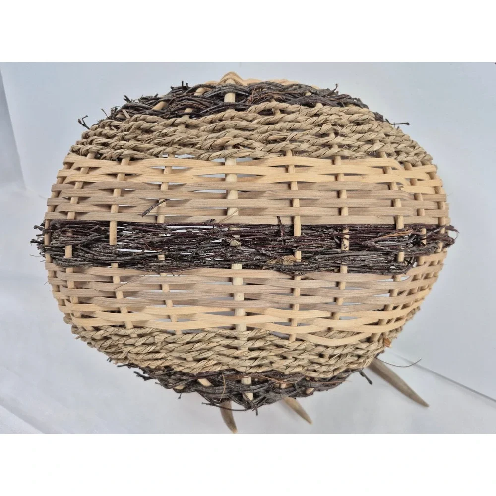 Vintage Deer Antler Handle Woven Basket Rustic Cabin Lodge Decor Handmade